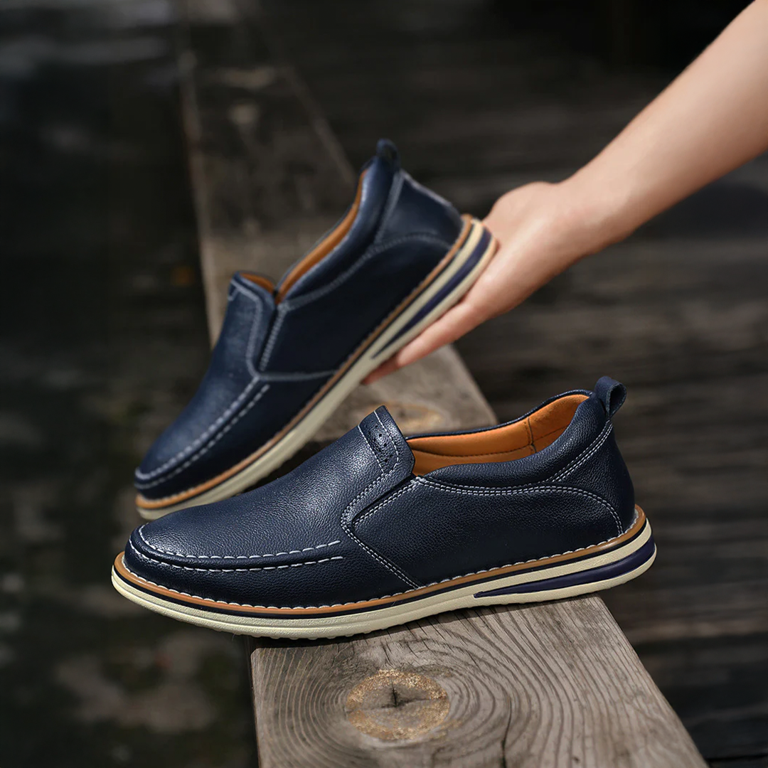 Men's Casual Dress Slip-On Loafers with Leather Upper and Contrast Stitching