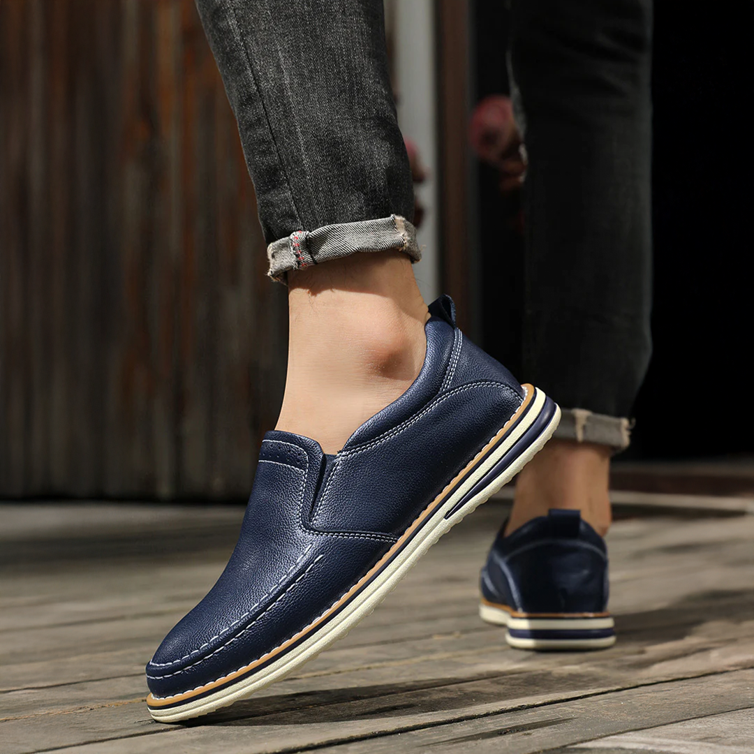 Men's Casual Dress Slip-On Loafers with Leather Upper and Contrast Stitching