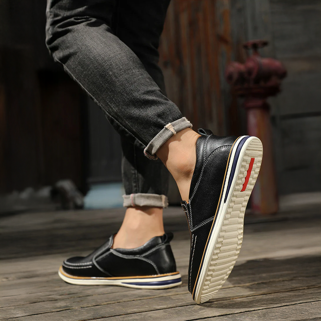 Men's Casual Dress Slip-On Loafers with Leather Upper and Contrast Stitching