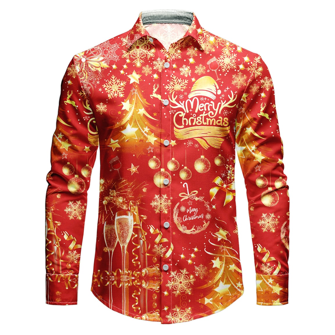 Men's Christmas Shirt Button Down with Spread Collar and Woven Fabric