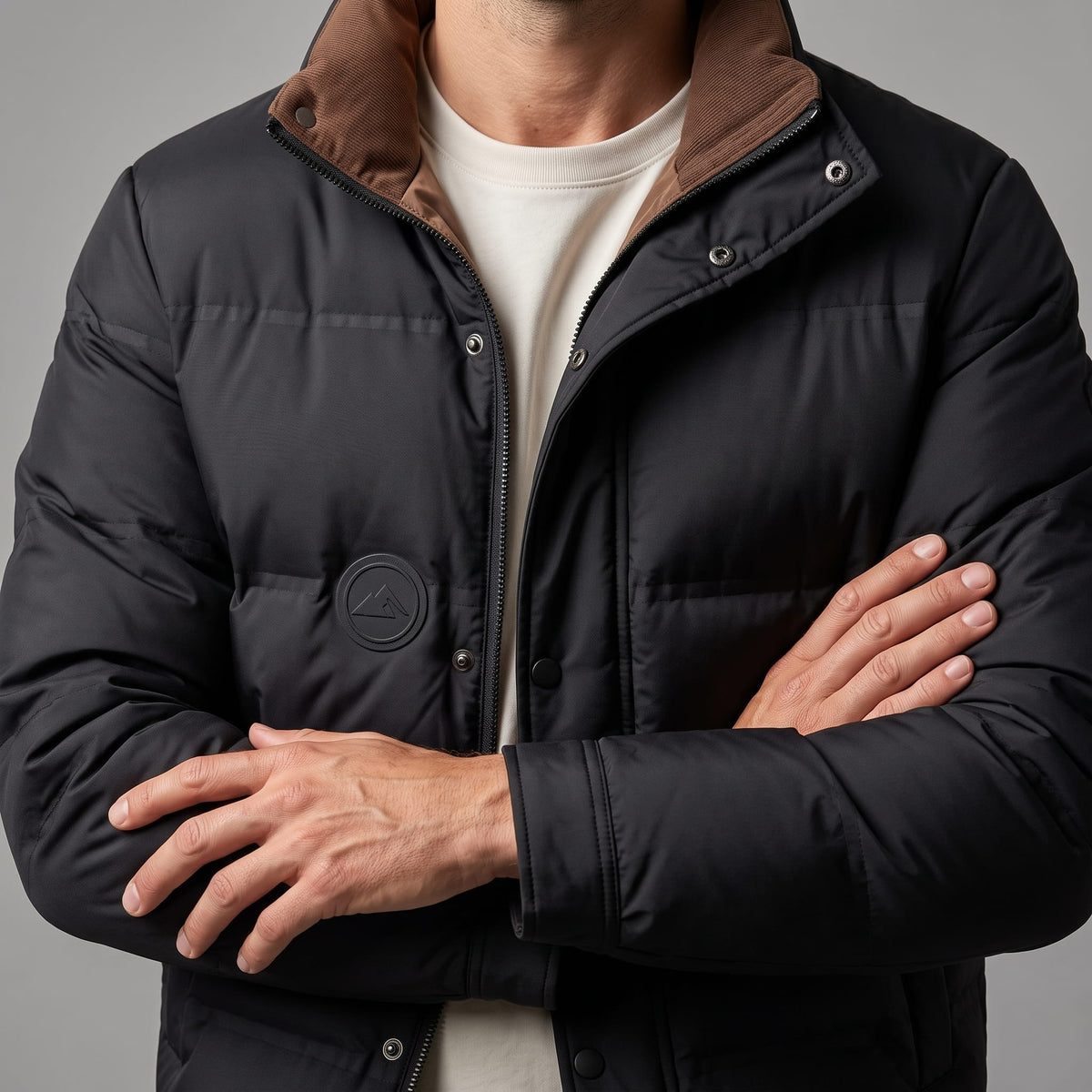 Corduroy-Collar Puffer Jacket – Snap Placket, Bubble Quilting & Side Pockets | Brecken