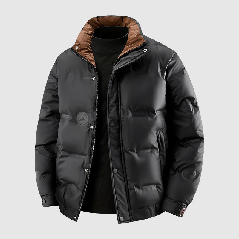 Corduroy-Collar Puffer Jacket – Snap Placket, Bubble Quilting & Side Pockets | Brecken