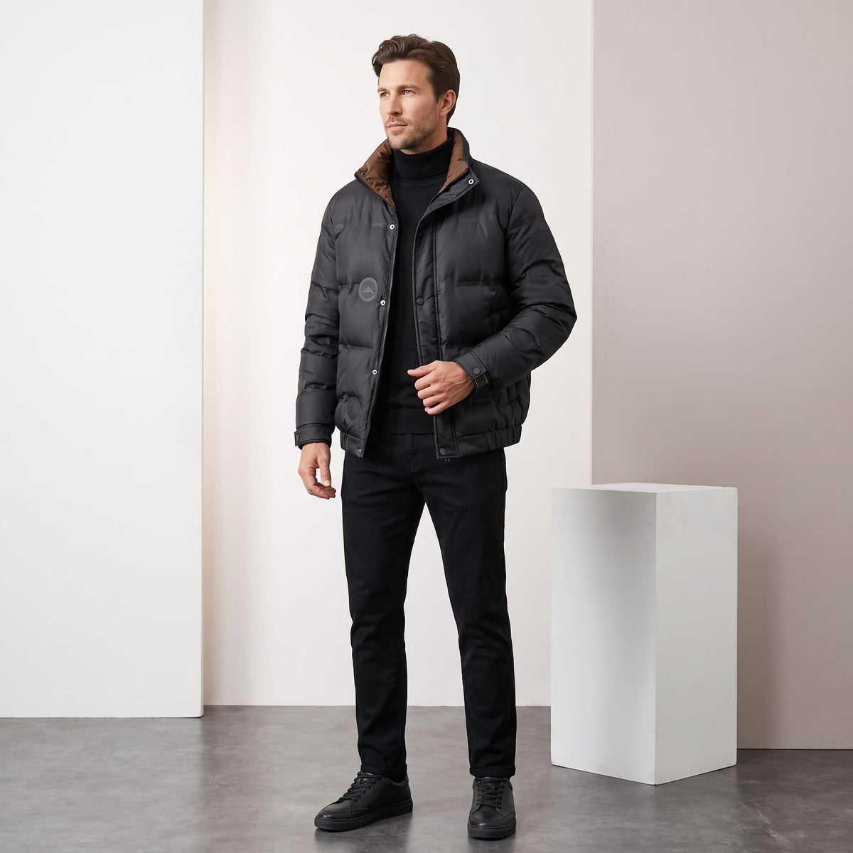 Corduroy-Collar Puffer Jacket – Snap Placket, Bubble Quilting & Side Pockets | Brecken