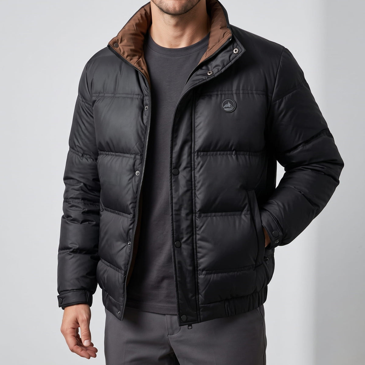 Corduroy-Collar Puffer Jacket – Snap Placket, Bubble Quilting & Side Pockets | Brecken