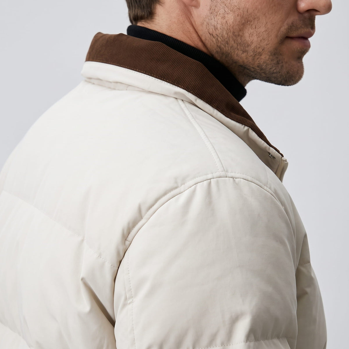 Corduroy-Collar Puffer Jacket – Snap Placket, Bubble Quilting & Side Pockets | Brecken