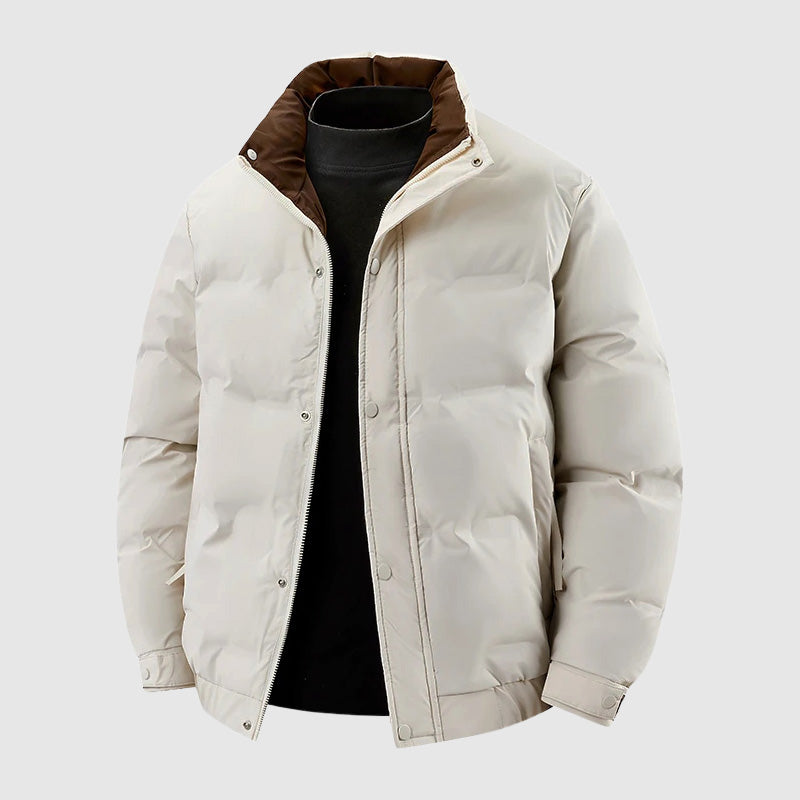 Corduroy-Collar Puffer Jacket – Snap Placket, Bubble Quilting & Side Pockets | Brecken