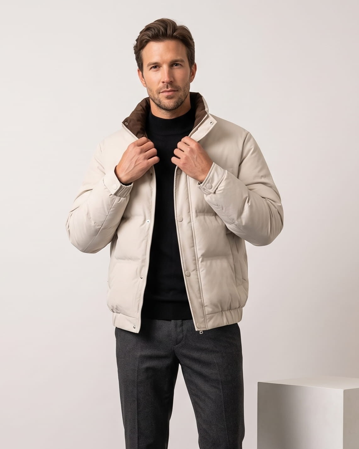 Corduroy-Collar Puffer Jacket – Snap Placket, Bubble Quilting & Side Pockets | Brecken