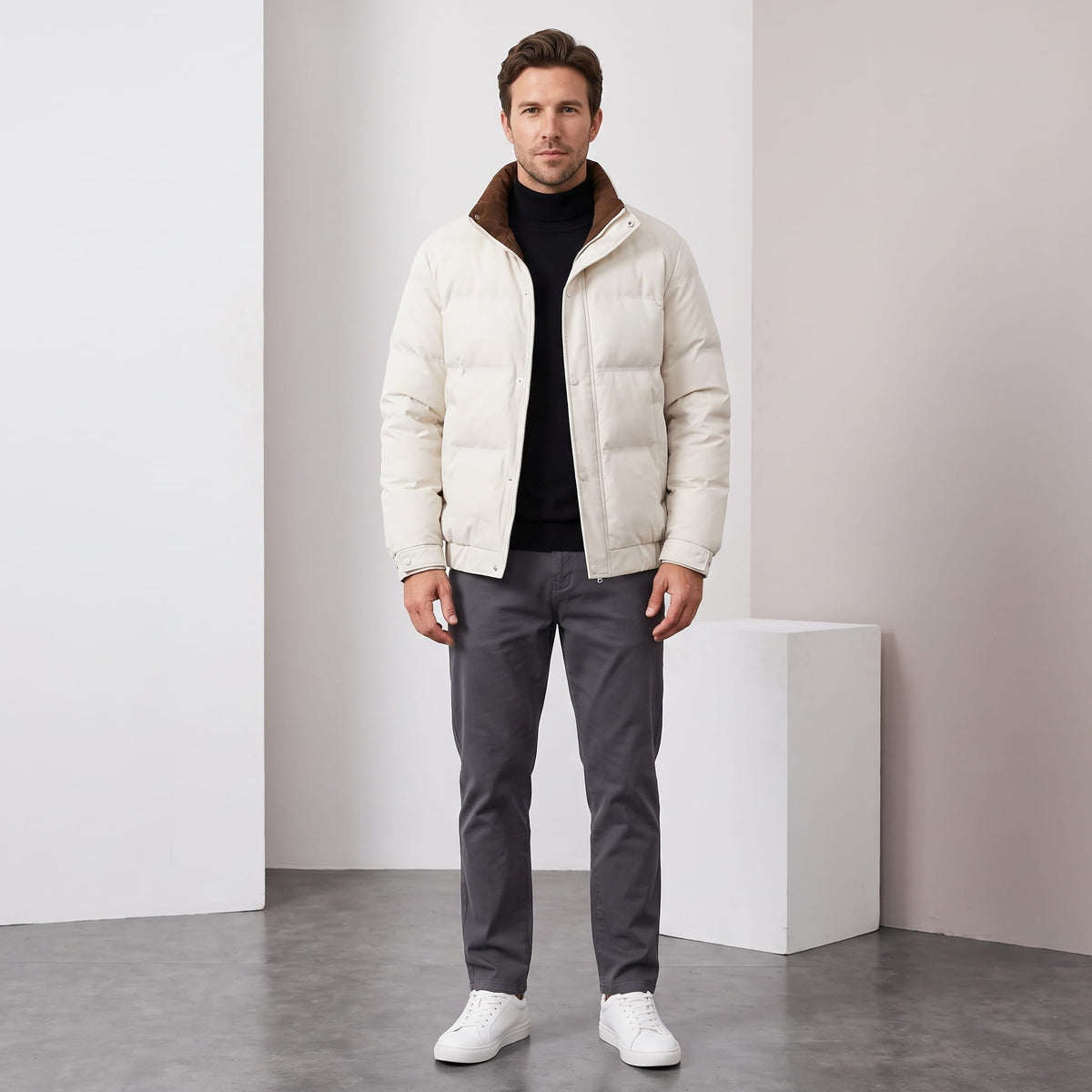 Corduroy-Collar Puffer Jacket – Snap Placket, Bubble Quilting & Side Pockets | Brecken