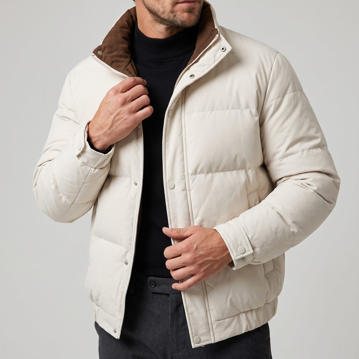 Corduroy-Collar Puffer Jacket – Snap Placket, Bubble Quilting & Side Pockets | Brecken