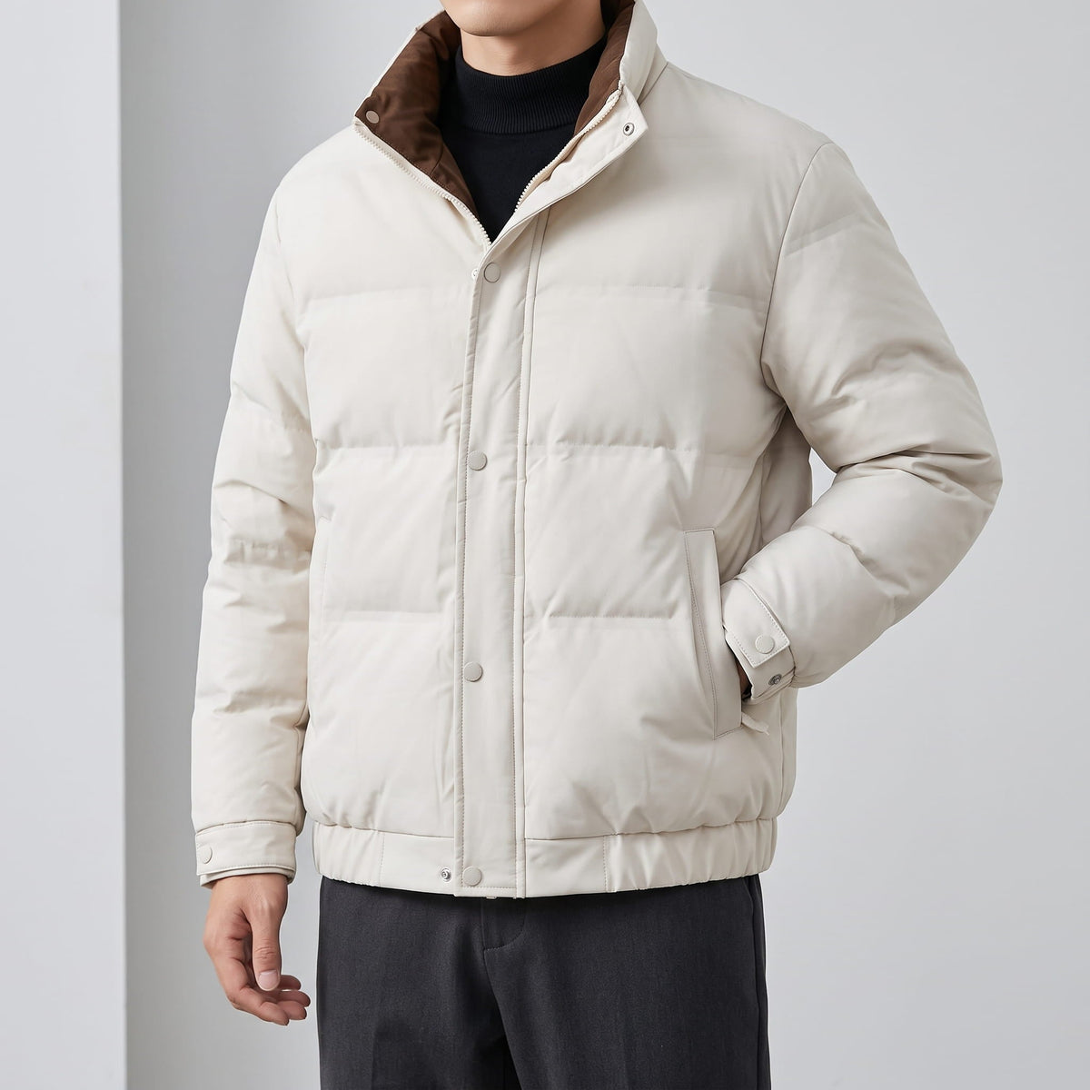 Corduroy-Collar Puffer Jacket – Snap Placket, Bubble Quilting & Side Pockets | Brecken