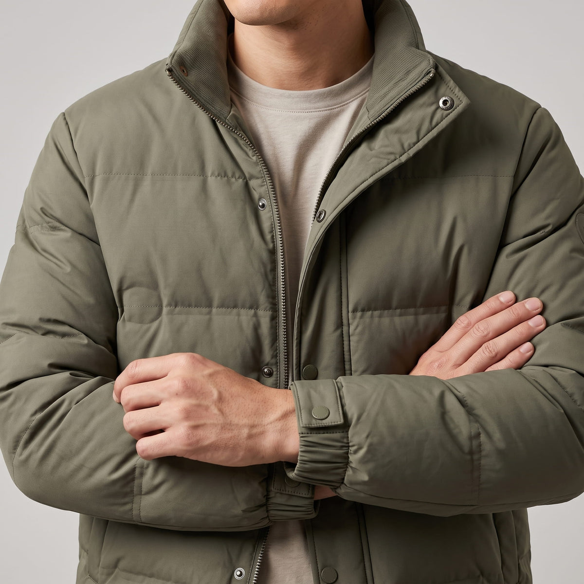 Corduroy-Collar Puffer Jacket – Snap Placket, Bubble Quilting & Side Pockets | Brecken
