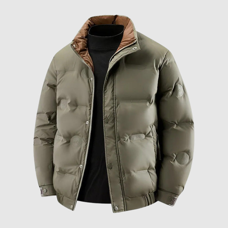 Corduroy-Collar Puffer Jacket – Snap Placket, Bubble Quilting & Side Pockets | Brecken