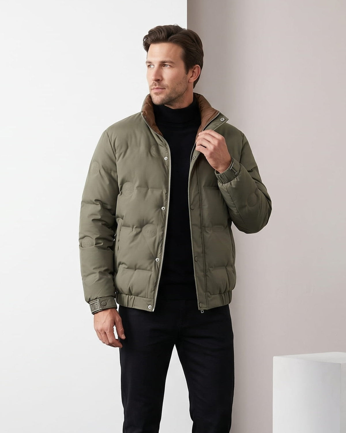 Corduroy-Collar Puffer Jacket – Snap Placket, Bubble Quilting & Side Pockets | Brecken