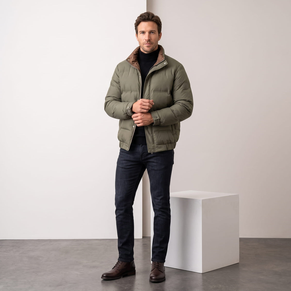 Corduroy-Collar Puffer Jacket – Snap Placket, Bubble Quilting & Side Pockets | Brecken