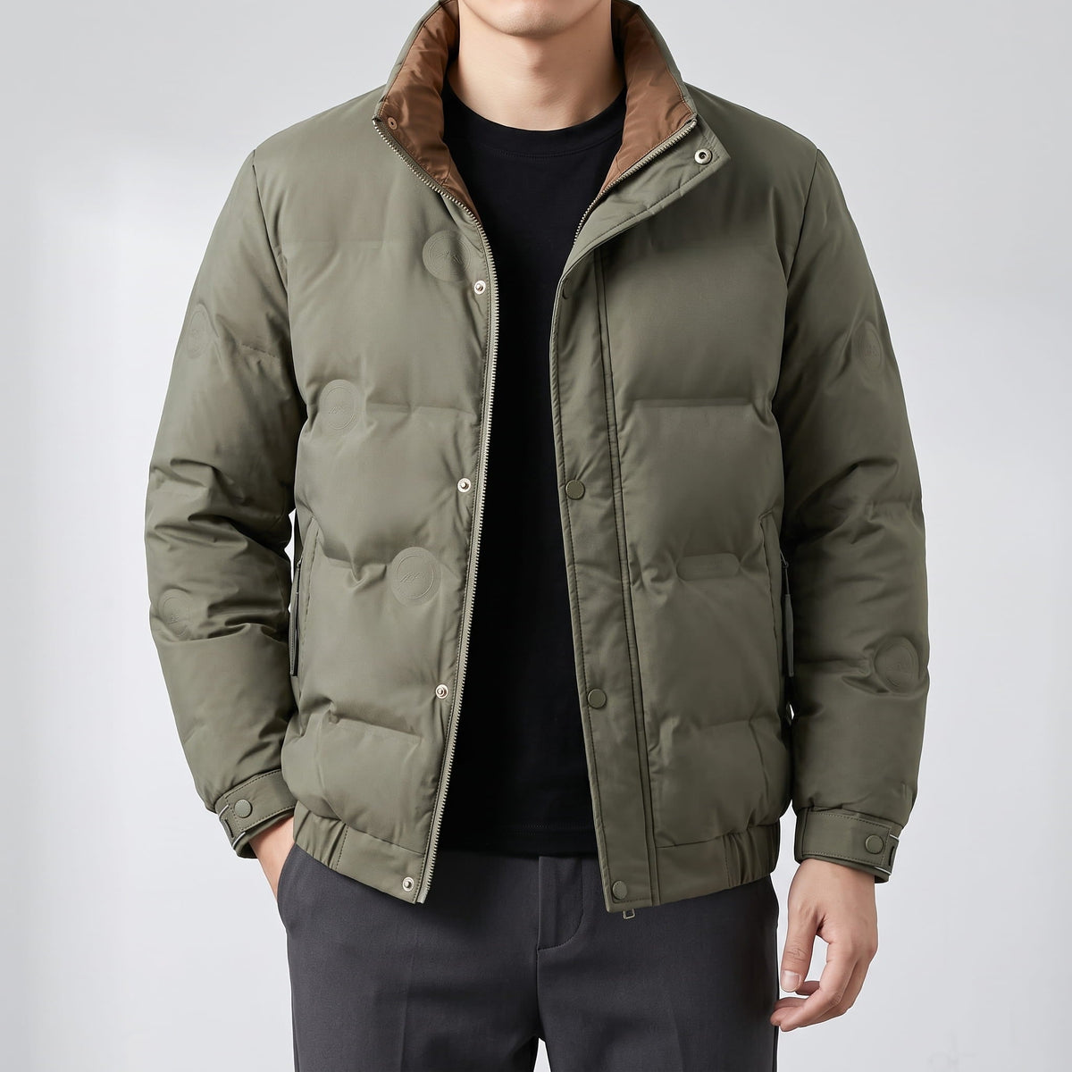 Corduroy-Collar Puffer Jacket – Snap Placket, Bubble Quilting & Side Pockets | Brecken