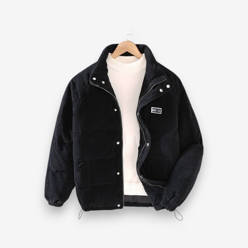 Men's Corduroy Puffer Jacket with Quilted Baffles and Long Sleeves