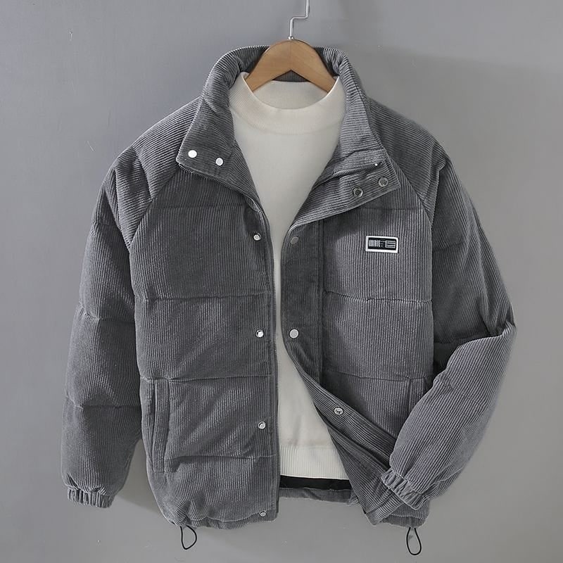 Men's Corduroy Puffer Jacket with Quilted Baffles and Long Sleeves