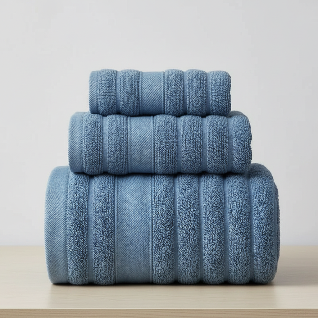 Cotton Terry Bath Towel Set for Bathroom with Ribbed Texture Three Piece