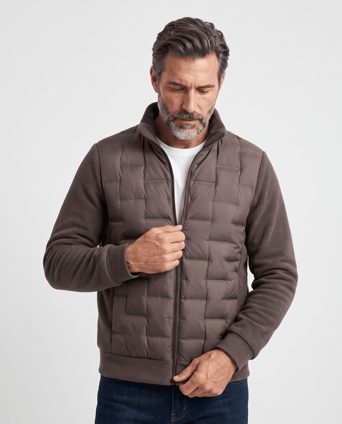 Hybrid Puffer Jacket – Quilted Body, Fleece Sleeves & Stand Collar | Emilio