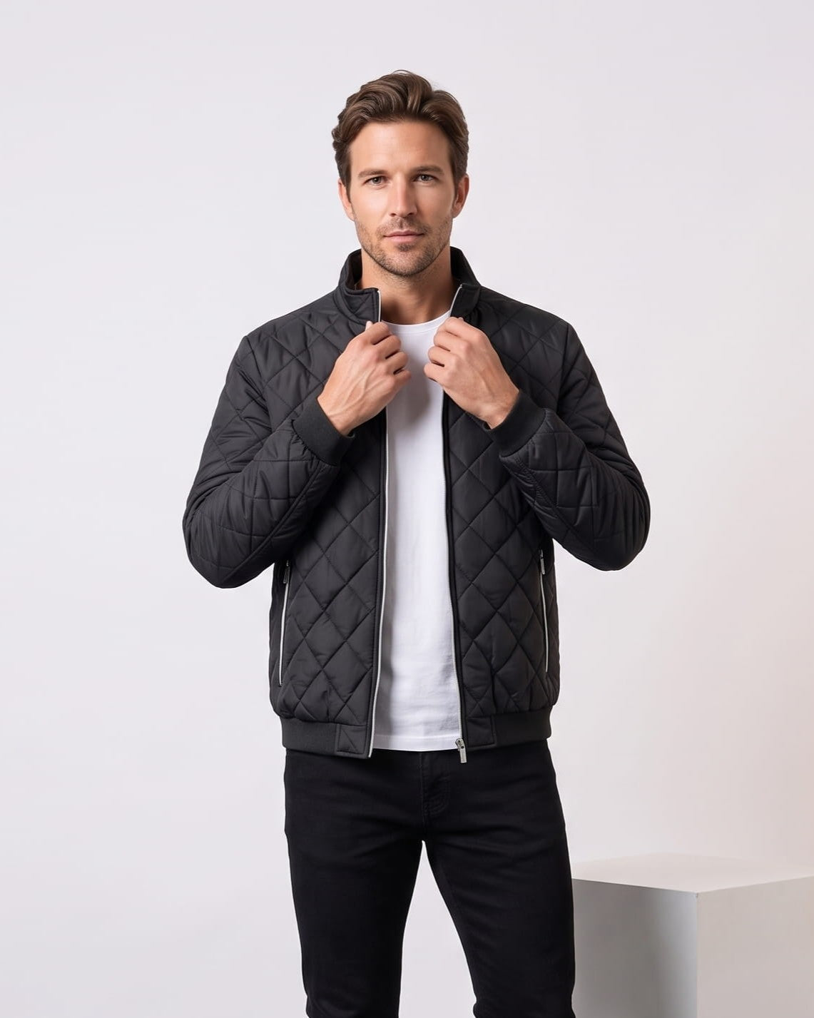 Diamond-Quilted Bomber Jacket – Stand Collar, Ribbed Trim & Zip Pockets | Marlow
