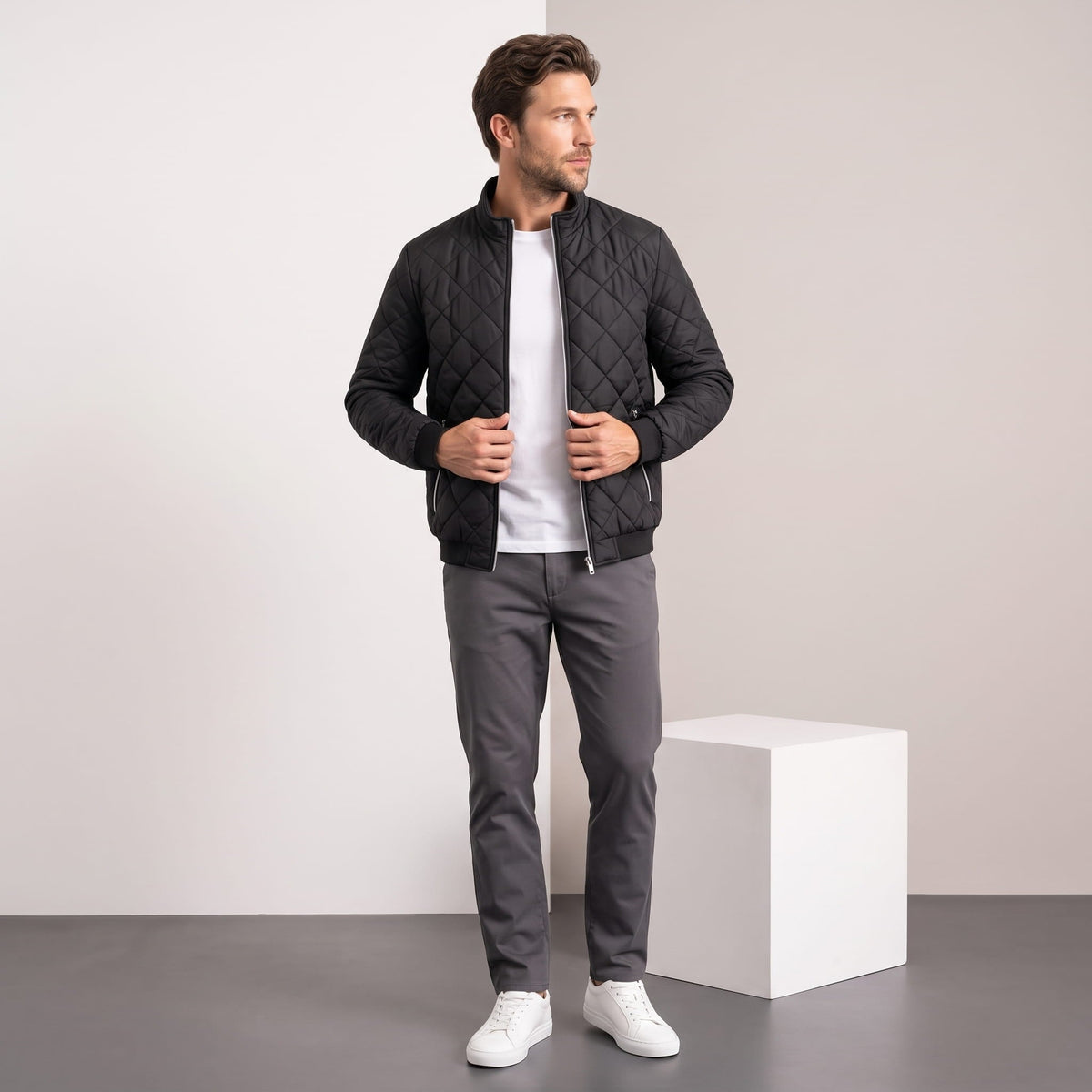 Diamond-Quilted Bomber Jacket – Stand Collar, Ribbed Trim & Zip Pockets | Marlow