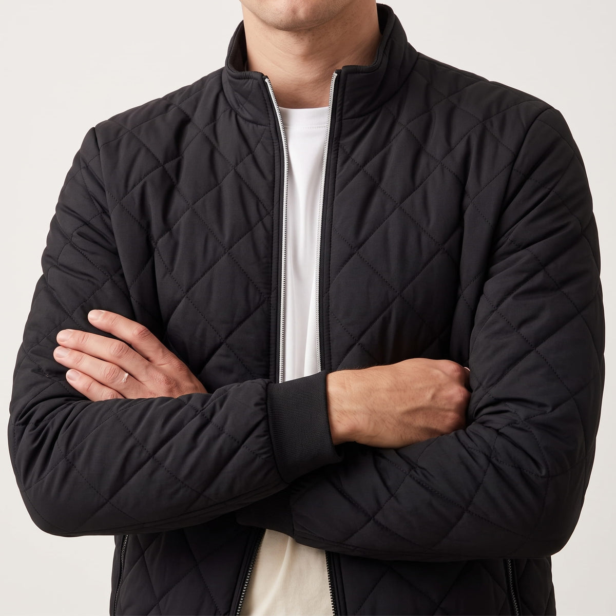 Diamond-Quilted Bomber Jacket – Stand Collar, Ribbed Trim & Zip Pockets | Marlow