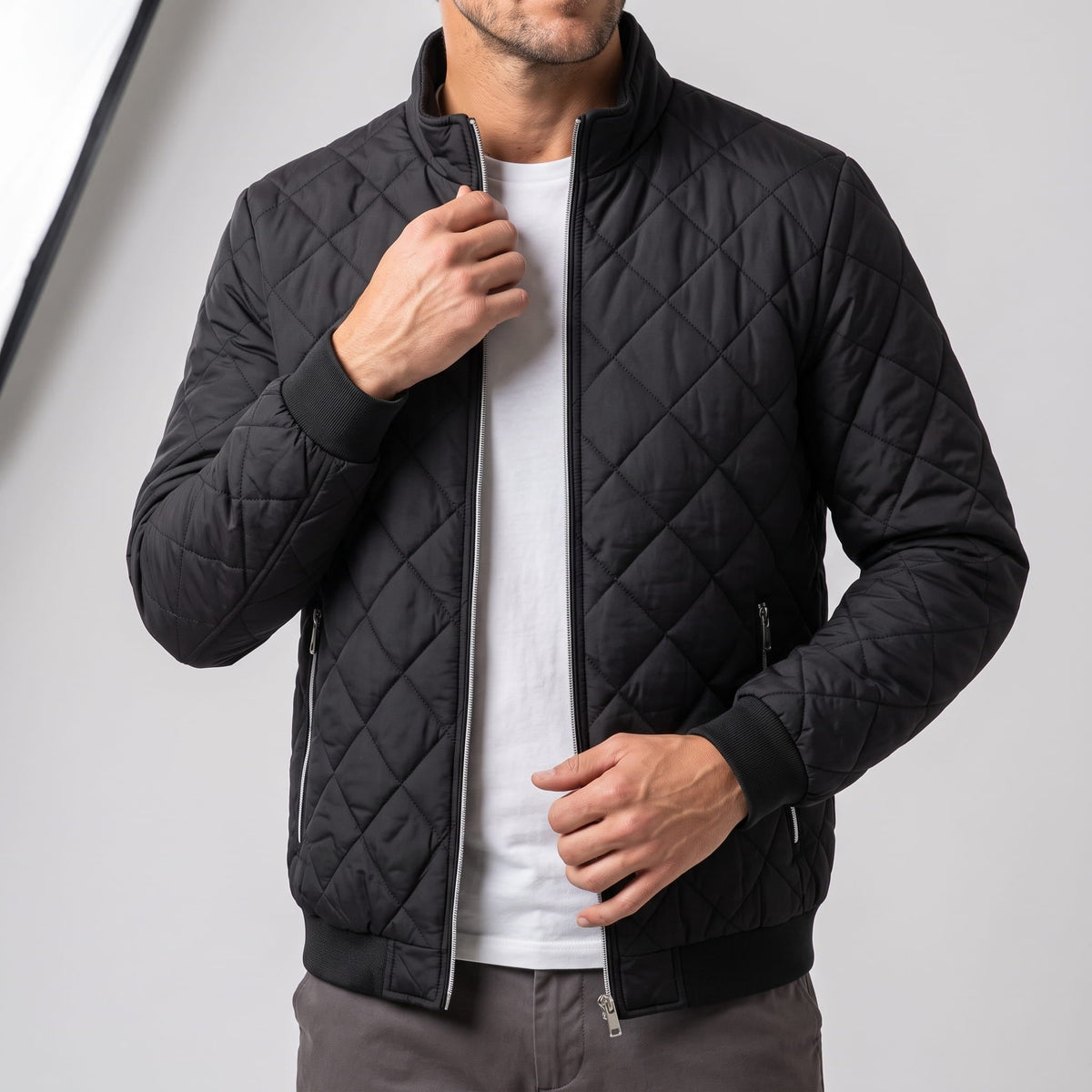 Diamond-Quilted Bomber Jacket – Stand Collar, Ribbed Trim & Zip Pockets | Marlow