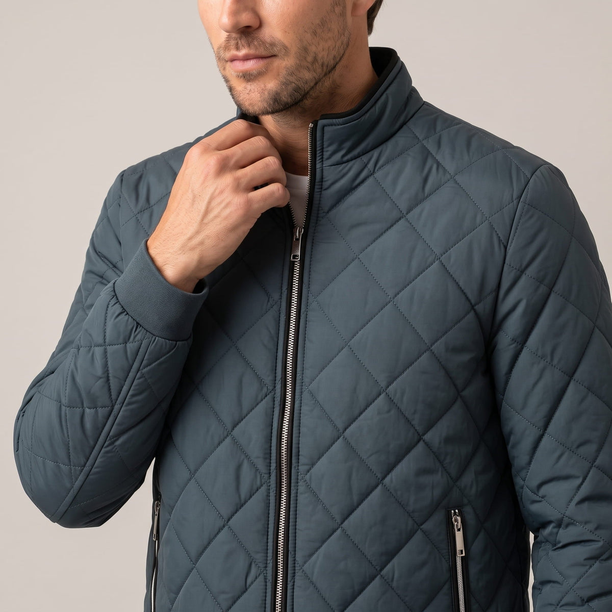 Diamond-Quilted Bomber Jacket – Stand Collar, Ribbed Trim & Zip Pockets | Marlow