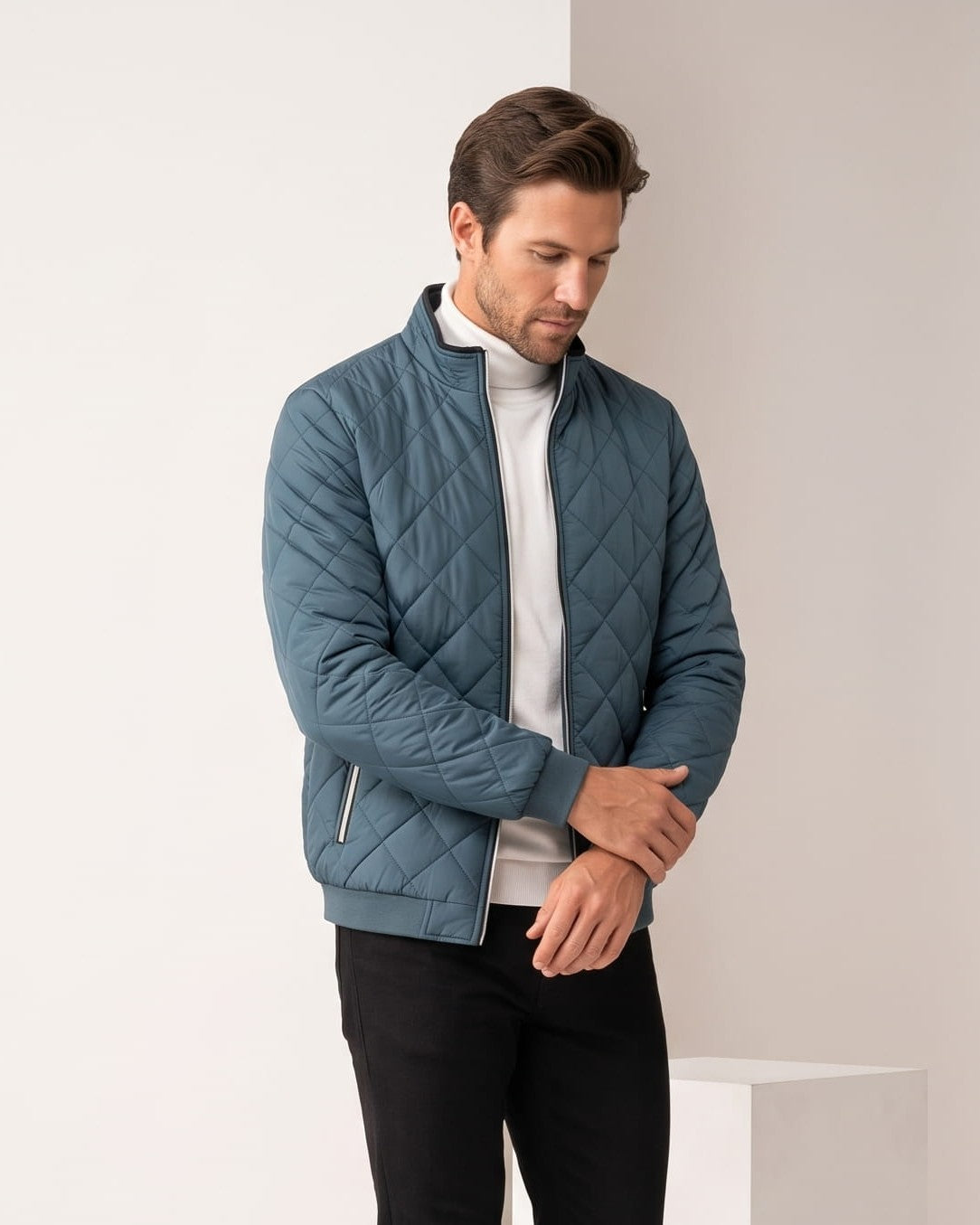 Diamond-Quilted Bomber Jacket – Stand Collar, Ribbed Trim & Zip Pockets | Marlow
