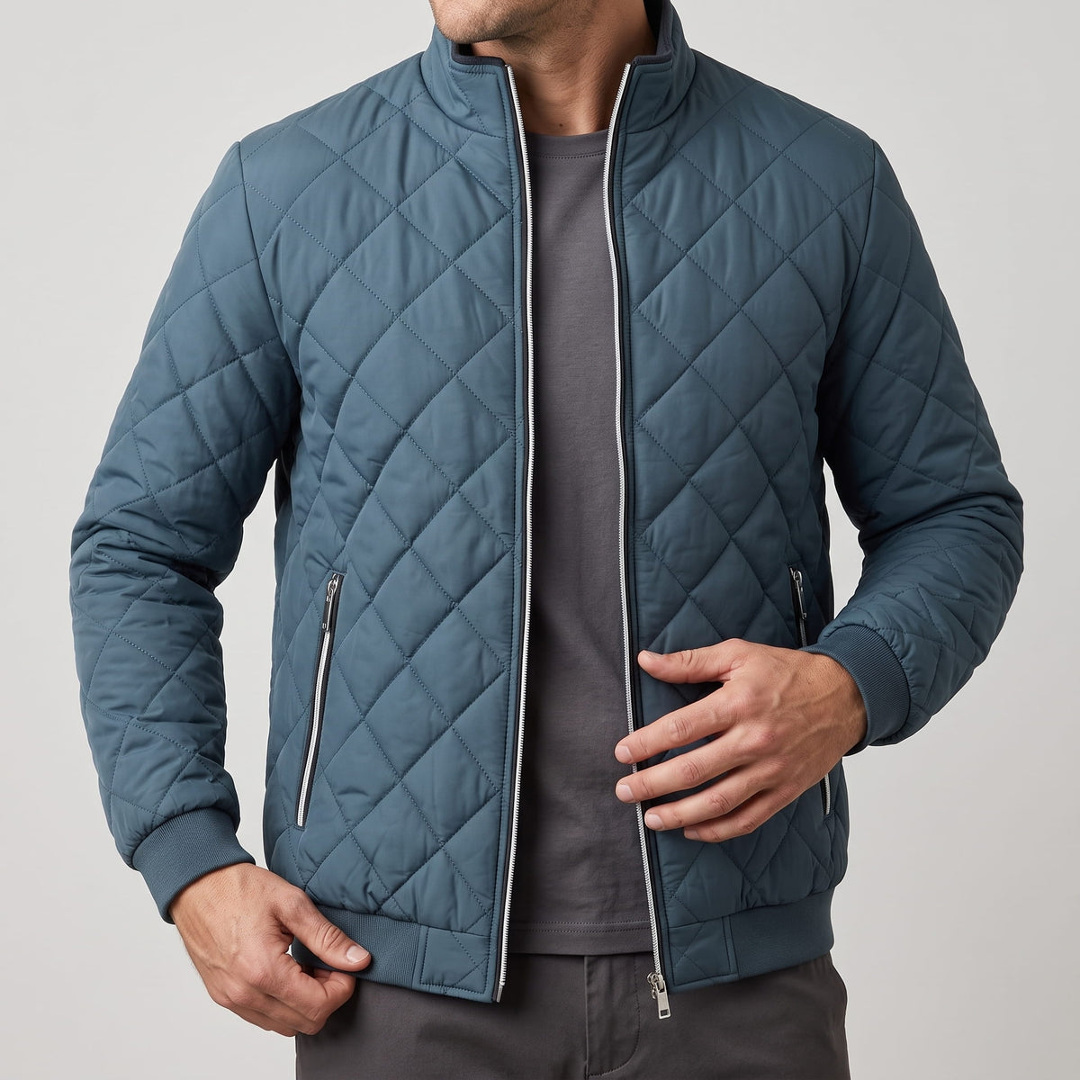 Diamond-Quilted Bomber Jacket – Stand Collar, Ribbed Trim & Zip Pockets | Marlow