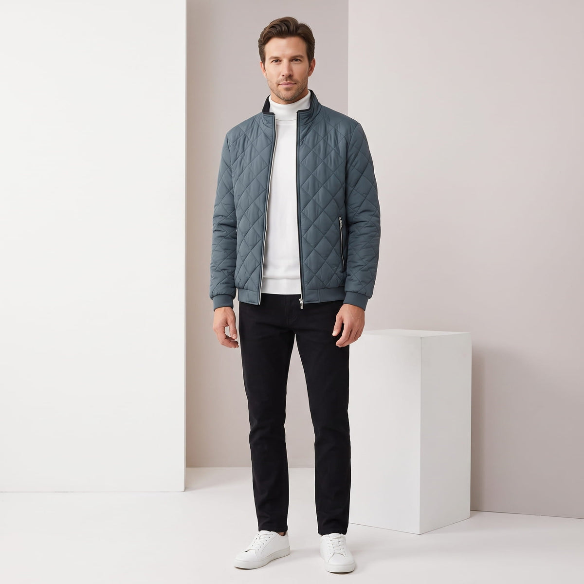 Diamond-Quilted Bomber Jacket – Stand Collar, Ribbed Trim & Zip Pockets | Marlow