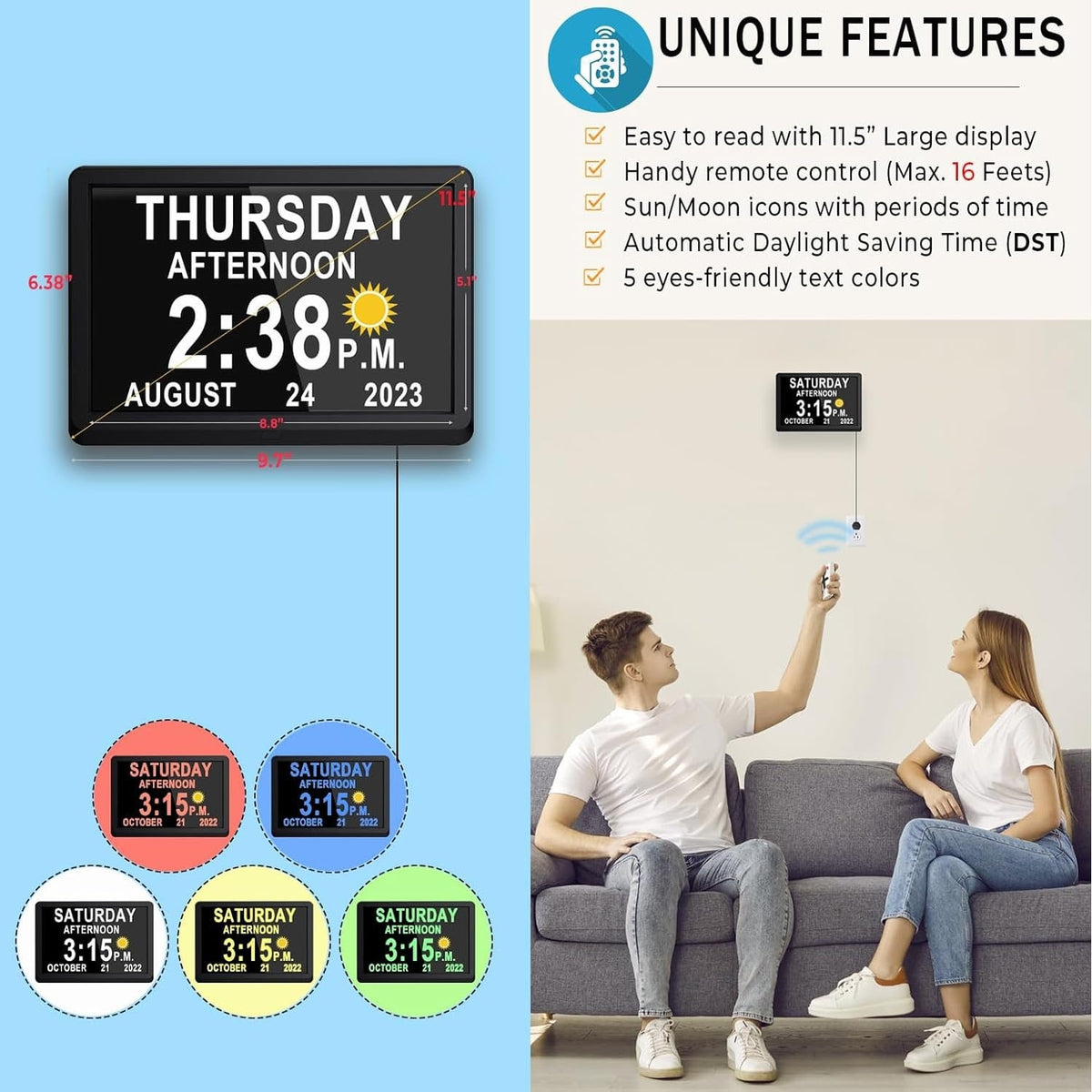Digital Clock Seconds Electronic Wall Calendar Day with Large Display and Remote for Seniors