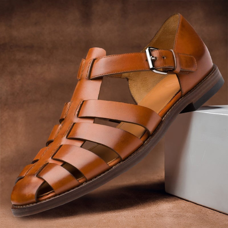 Men's Fisherman Closed Toe Leather Sandals with Adjustable Buckle