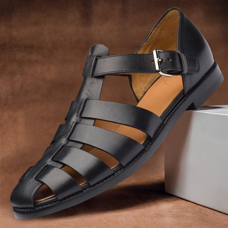 Men's Fisherman Closed Toe Leather Sandals with Adjustable Buckle