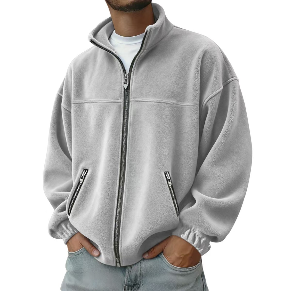 Men's Full Zip Fleece Jacket with Stand-Up Collar and Hand Pockets