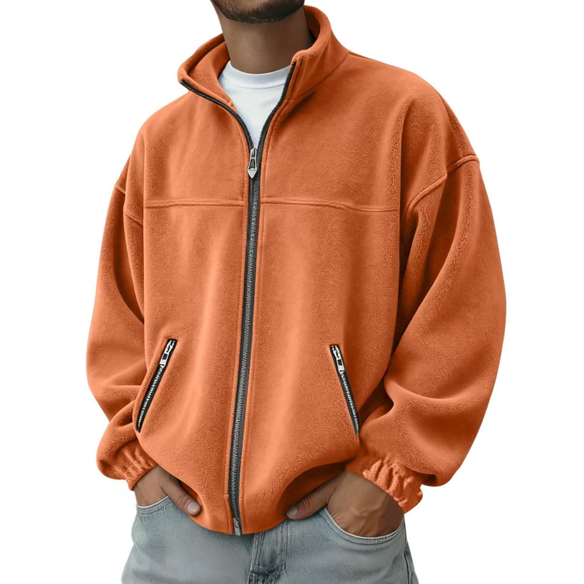 Men's Full Zip Fleece Jacket with Stand-Up Collar and Hand Pockets