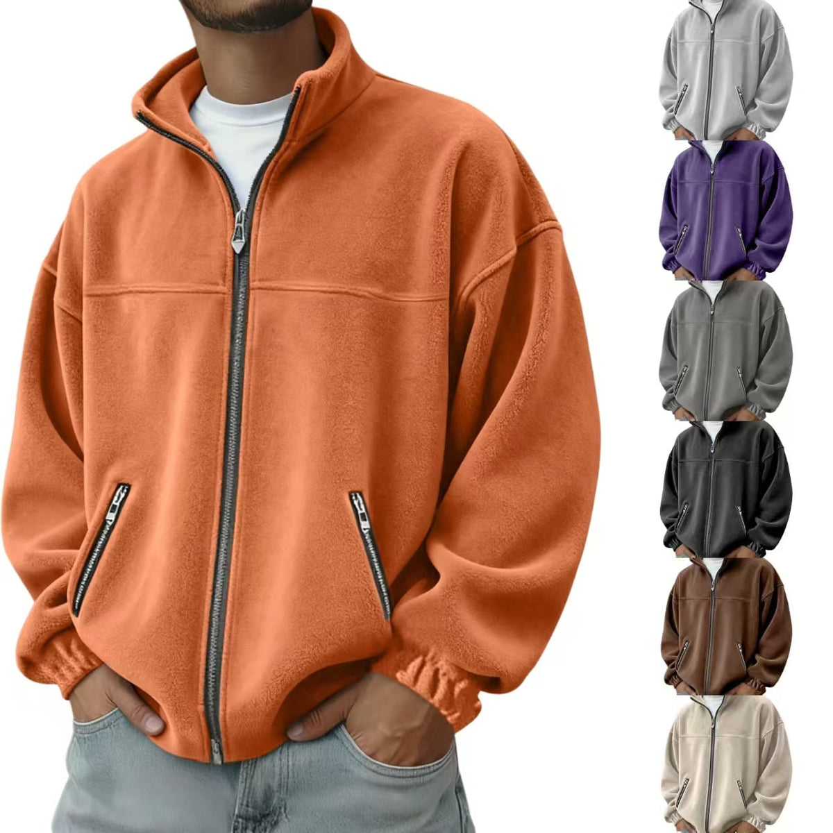 Men's Full Zip Fleece Jacket with Stand-Up Collar and Hand Pockets