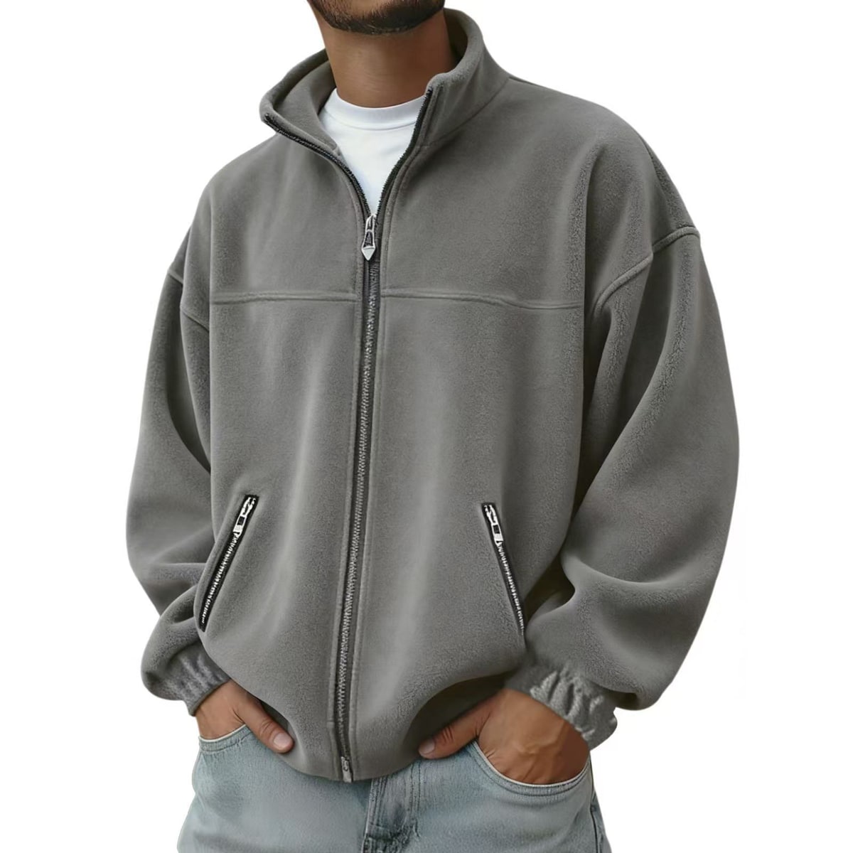 Men's Full Zip Fleece Jacket with Stand-Up Collar and Hand Pockets