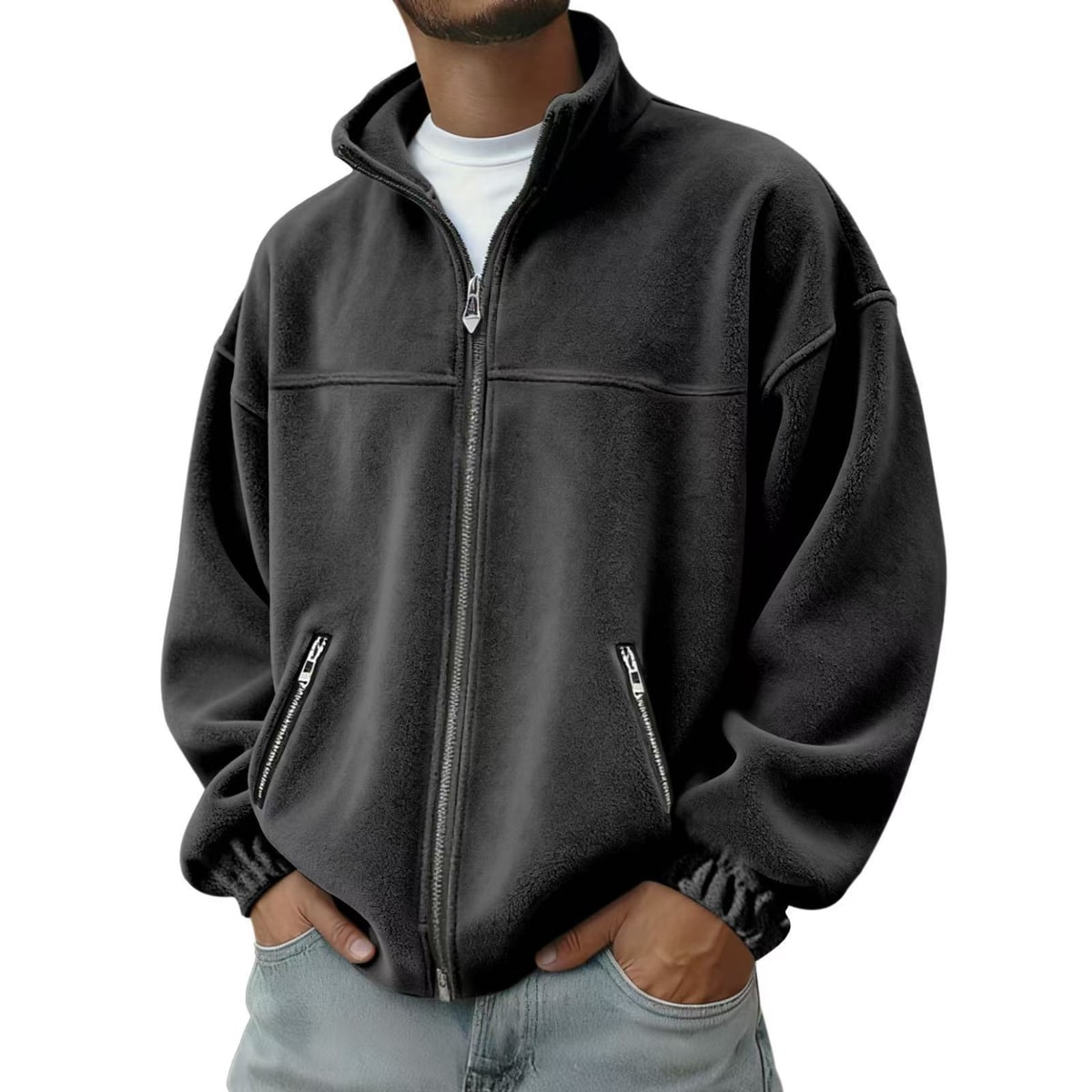 Men's Full Zip Fleece Jacket with Stand-Up Collar and Hand Pockets