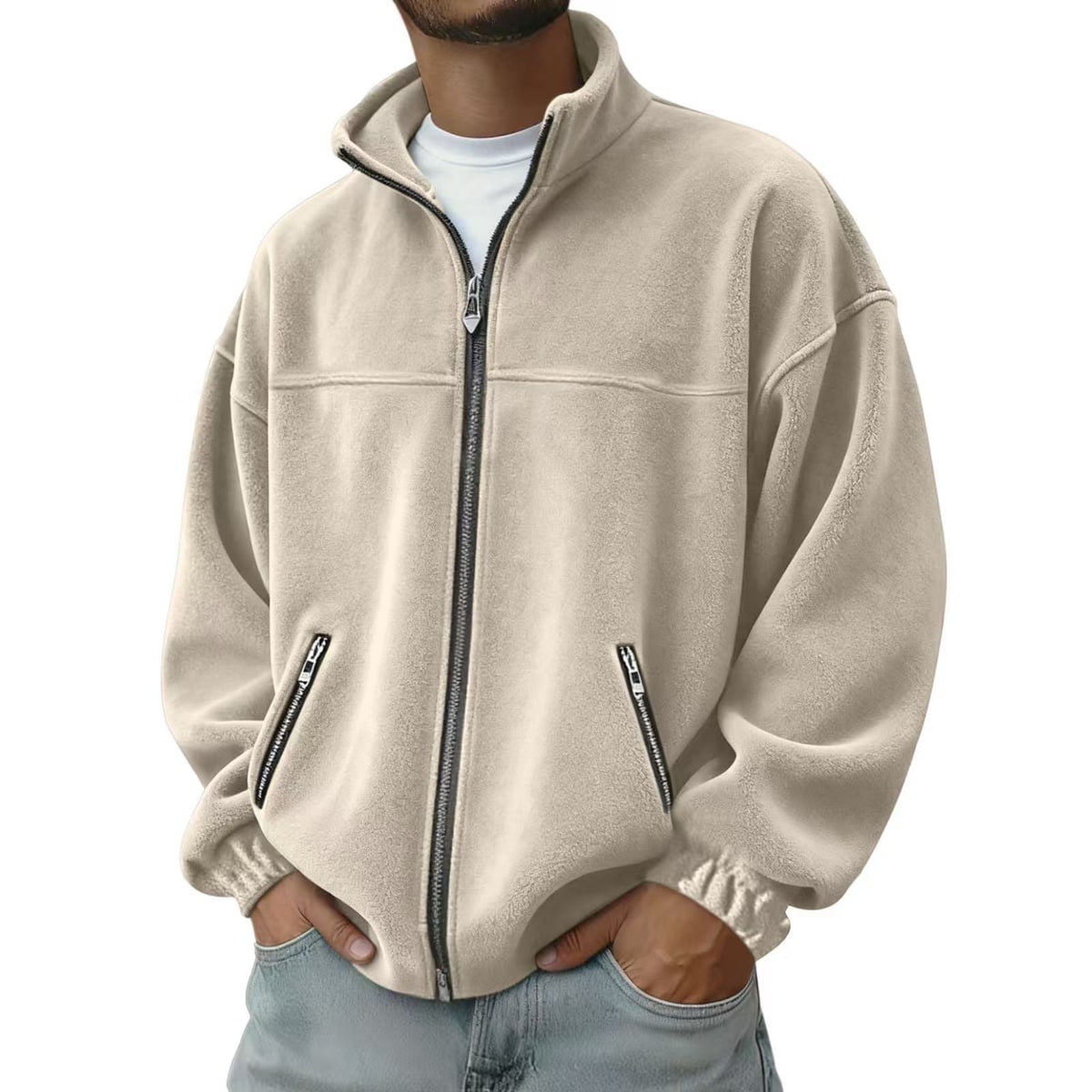 Men's Full Zip Fleece Jacket with Stand-Up Collar and Hand Pockets