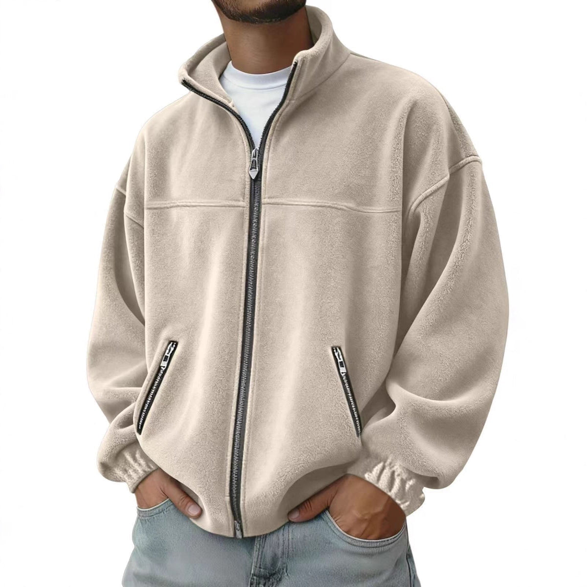 Men's Full Zip Fleece Jacket with Stand-Up Collar and Hand Pockets