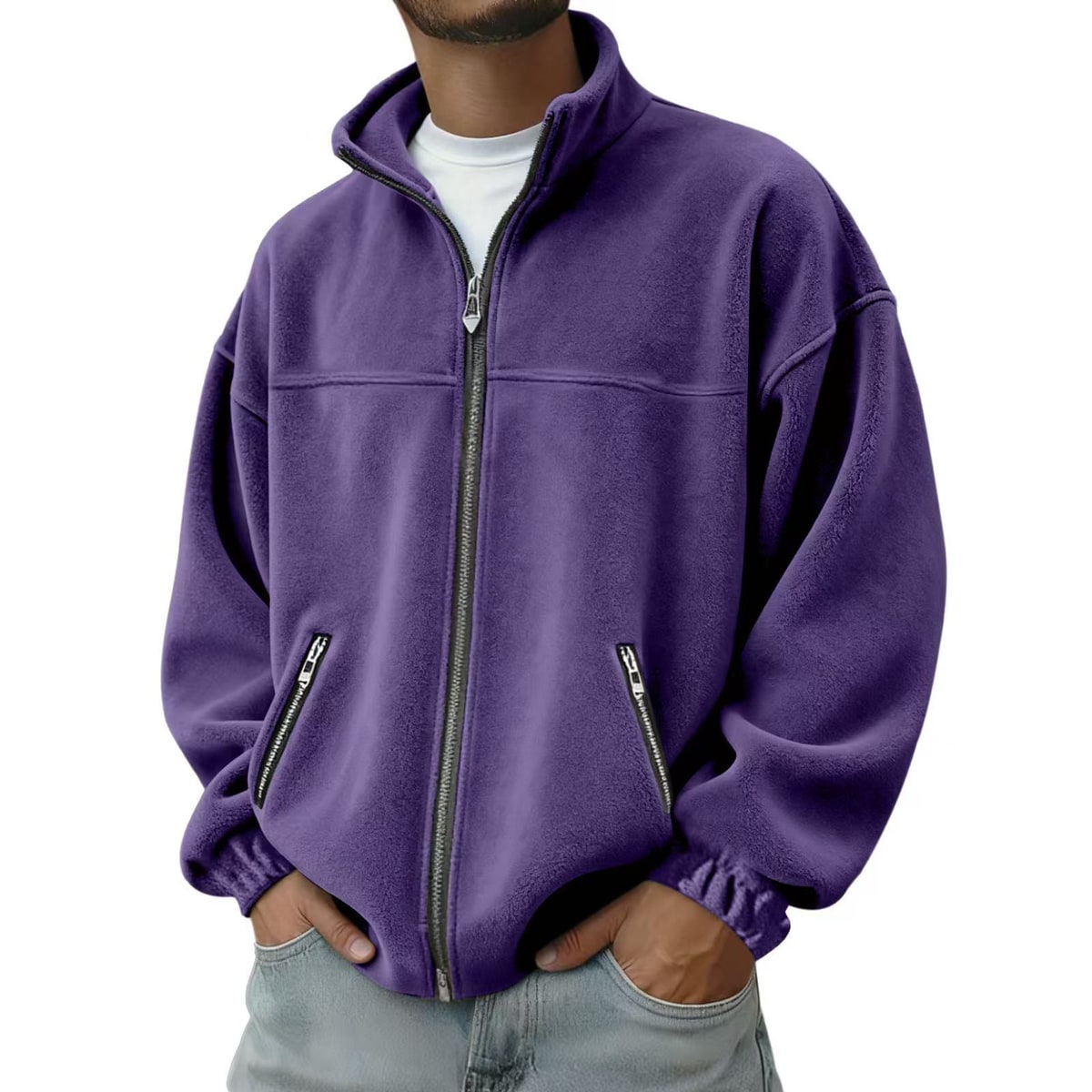 Men's Full Zip Fleece Jacket with Stand-Up Collar and Hand Pockets