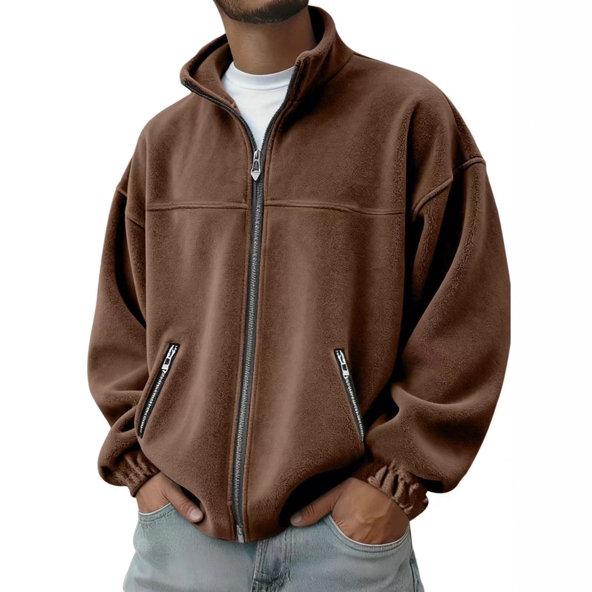 Men's Full Zip Fleece Jacket with Stand-Up Collar and Hand Pockets