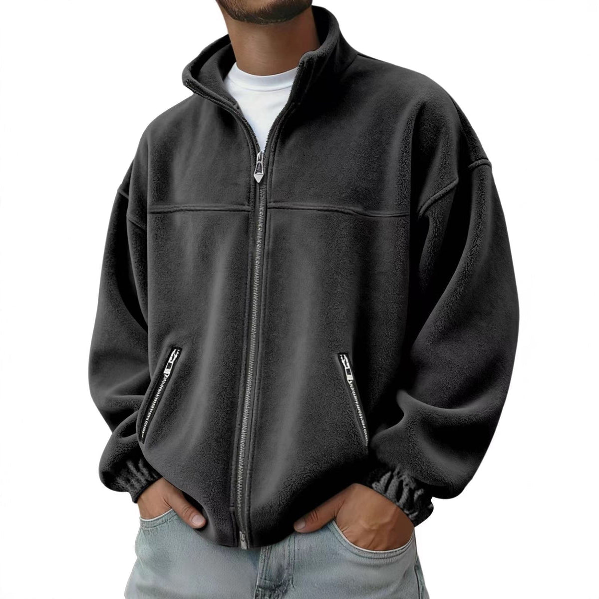Men's Full Zip Fleece Jacket with Stand-Up Collar and Hand Pockets