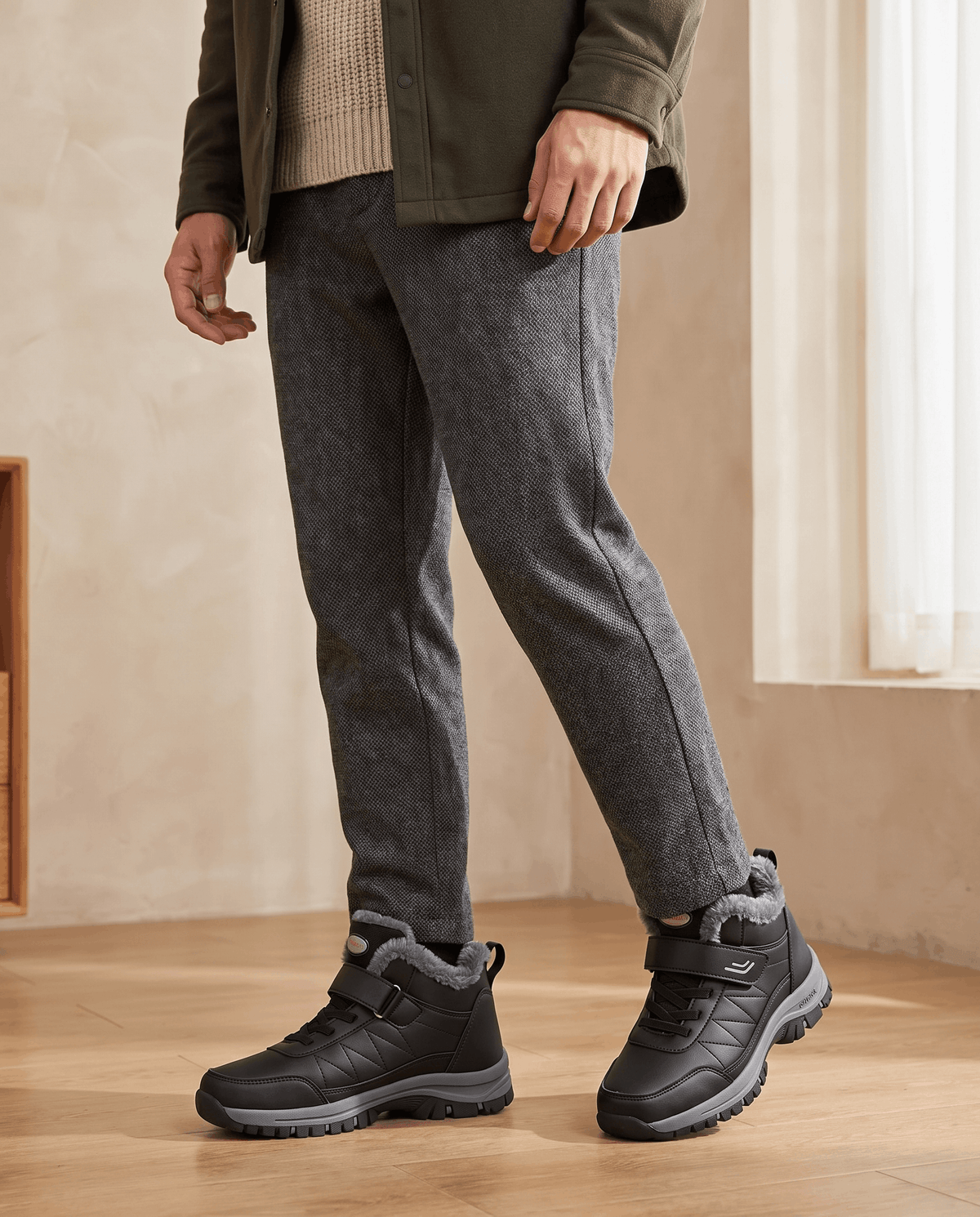 Fleece-Lined Ankle Boots for Men – Hook-and-Loop Strap & Lug Outsole | Vittorio