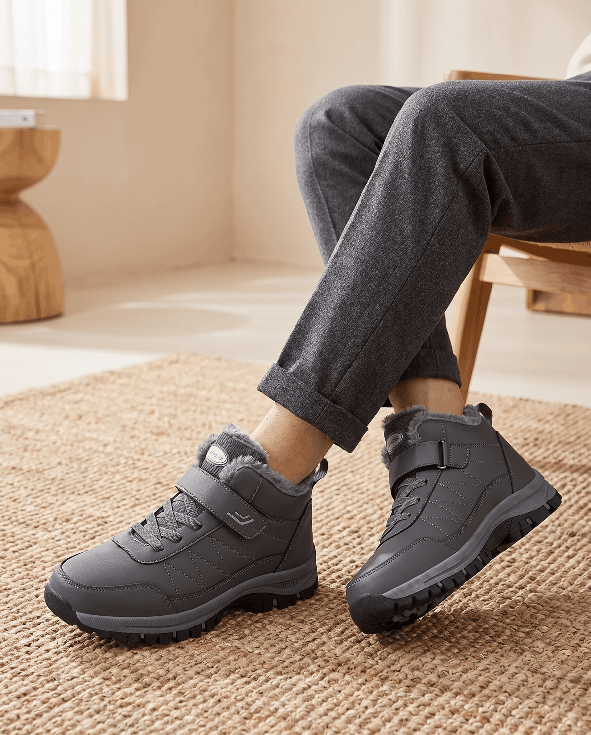 Fleece-Lined Ankle Boots for Men – Hook-and-Loop Strap & Lug Outsole | Vittorio
