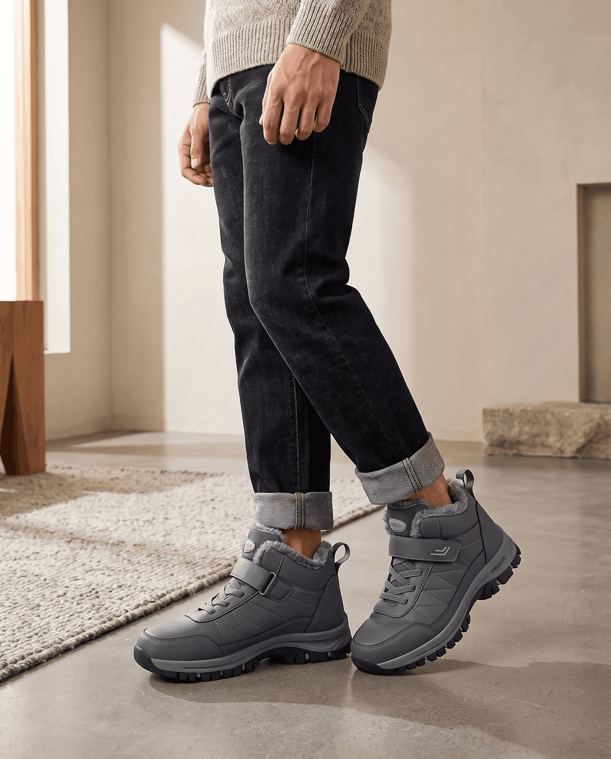 Fleece-Lined Ankle Boots for Men – Hook-and-Loop Strap & Lug Outsole | Vittorio