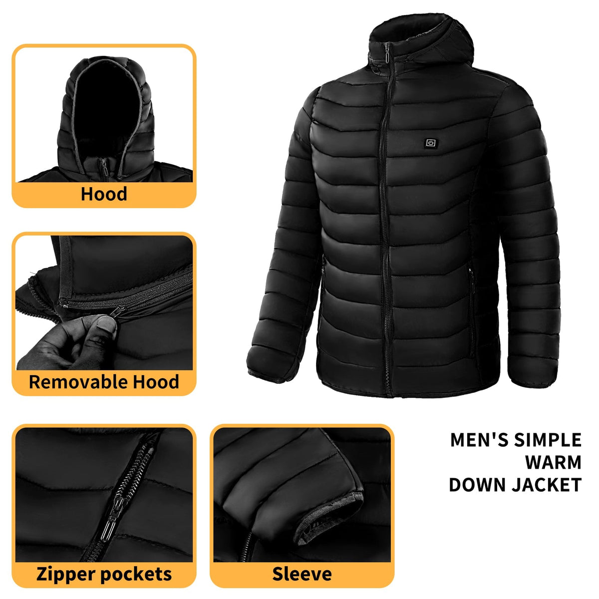 Men's Heated Puffer Jacket with Hood and Quilted Insulation Full Zip