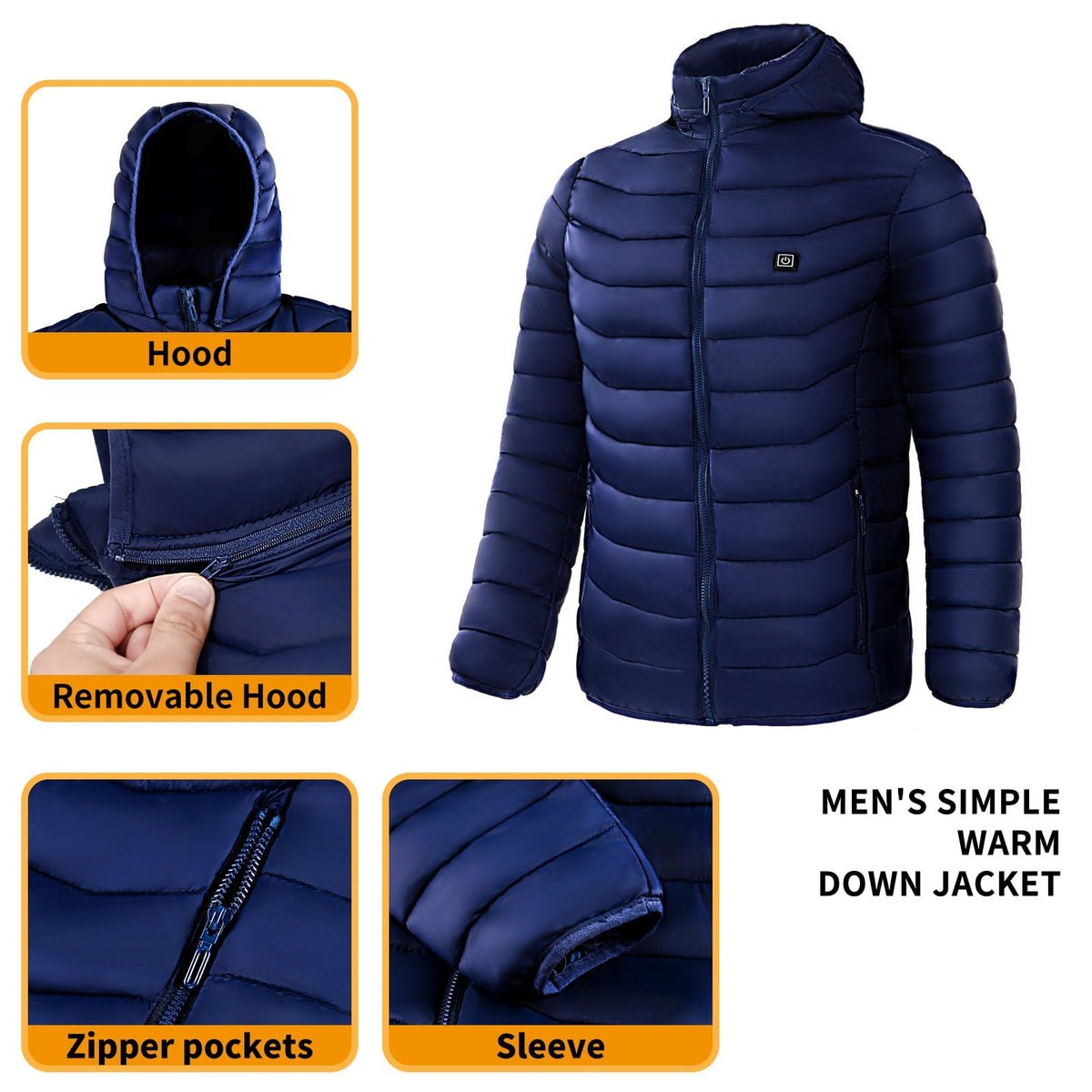 Men's Heated Puffer Jacket with Hood and Quilted Insulation Full Zip