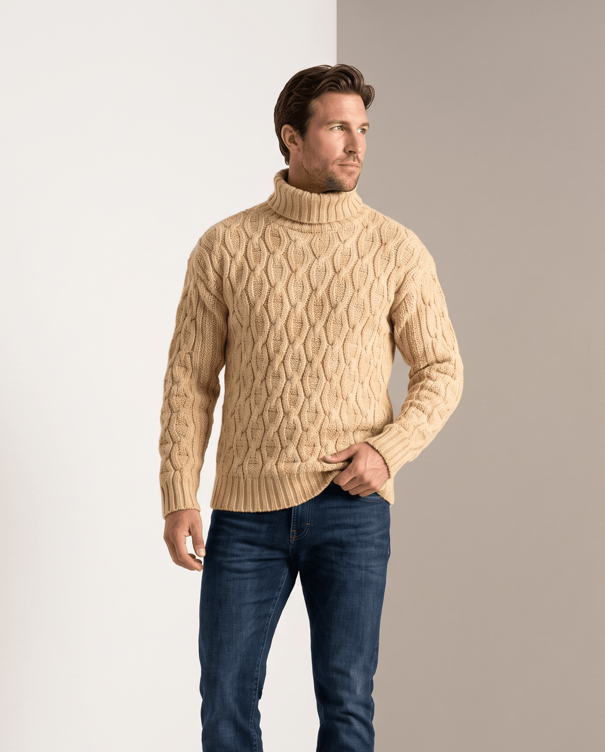 Honeycomb Cable-Knit Turtleneck Sweater – Long Sleeve, Slim Fit & Ribbed Trim | Lukas